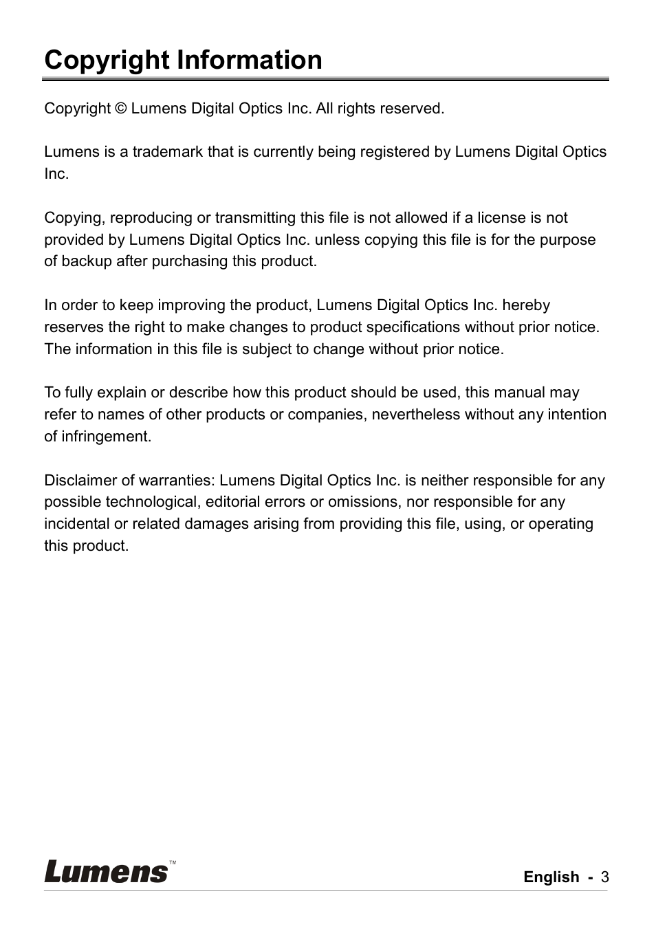 Copyright information | Lumens Technology DC211 User Manual | Page 4 / 34