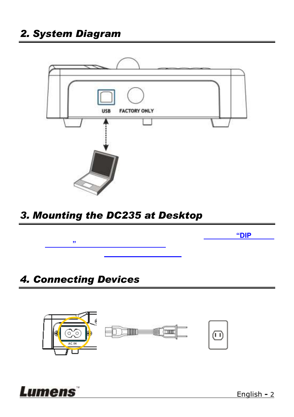 System diagram, Mounting the dc235 at desktop, Connecting devices | Lumens Technology DC235 Quick Start User Manual | Page 3 / 4