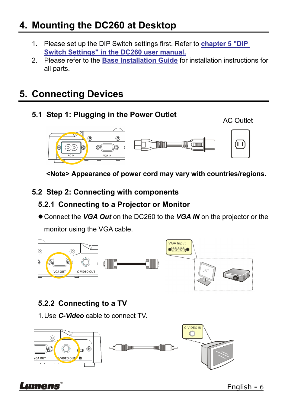 Mounting the dc260 at desktop, Connecting devices | Lumens Technology DC260 Quick Start User Manual | Page 7 / 11