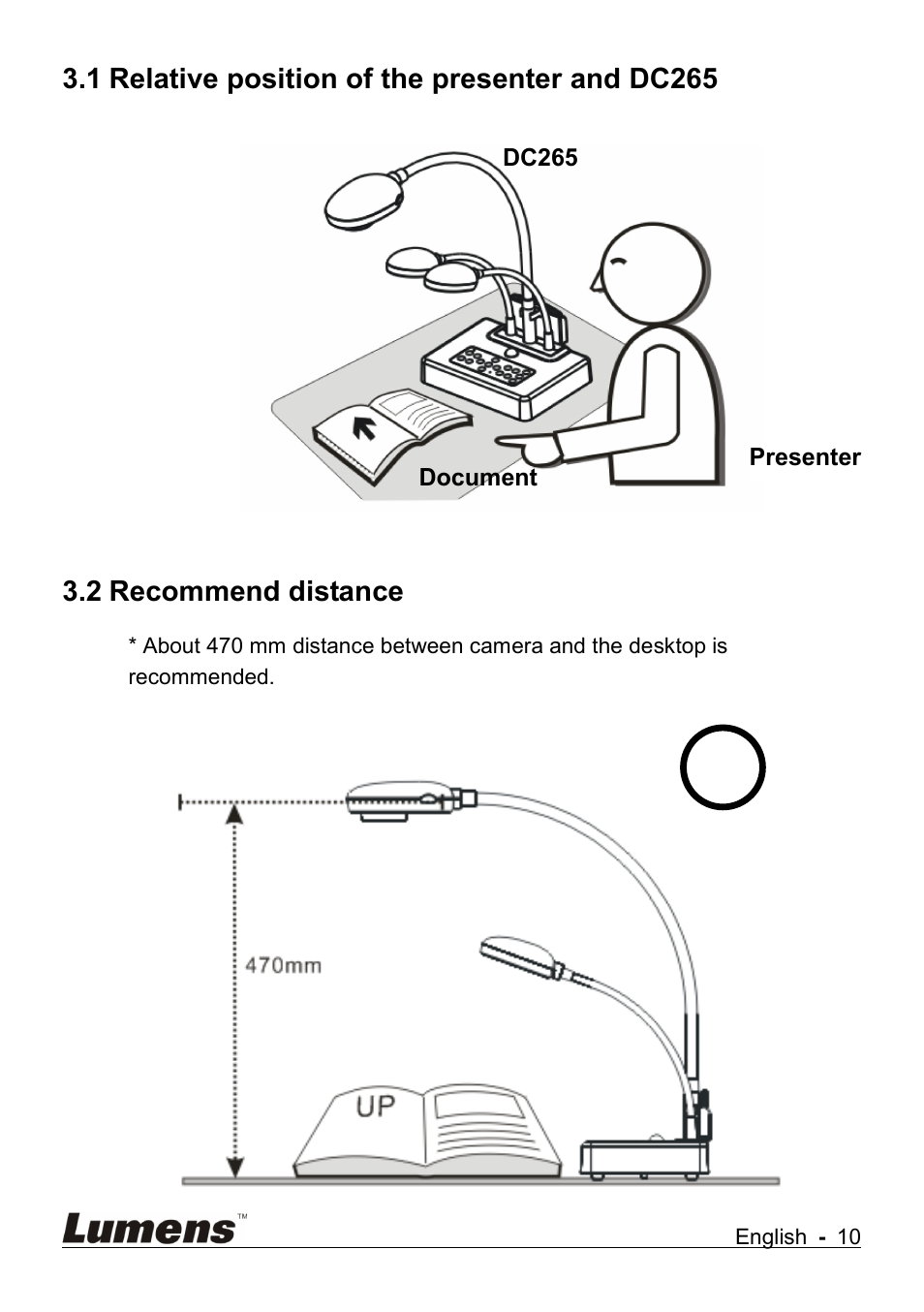 Relative position of the presenter and dc265, Recommend distance, 1 relative position of the presenter and dc265 | 2 recommend distance | Lumens Technology DC265 User Manual | Page 11 / 44