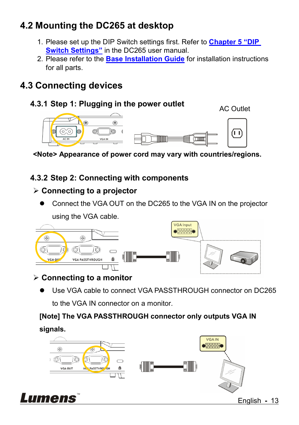 Mounting the dc265 at desktop, Connecting devices, 2 mounting the dc265 at desktop | 3 connecting devices | Lumens Technology DC265 User Manual | Page 14 / 44