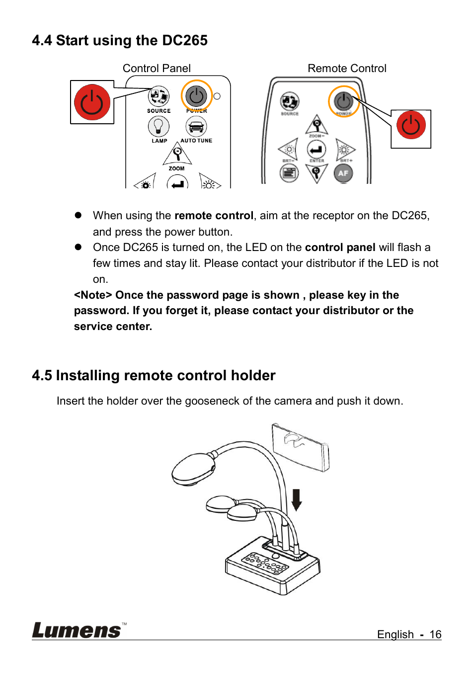 Start using the dc265, Installing remote control holder, 4 start using the dc265 | 5 installing remote control holder | Lumens Technology DC265 User Manual | Page 17 / 44