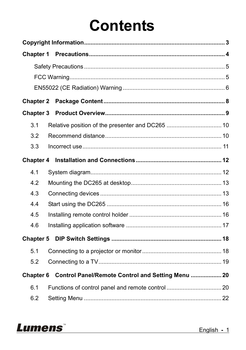 Lumens Technology DC265 User Manual | Page 2 / 44