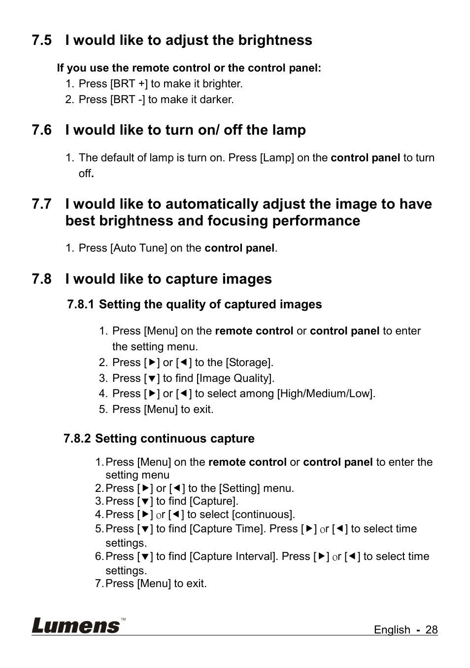 I would like to adjust the brightness, I would like to turn on/ off the lamp, I would like to capture images | Setting the quality of captured images, Setting continuous capture, 5 i would like to adjust the brightness, 6 i would like to turn on/ off the lamp, 8 i would like to capture images | Lumens Technology DC265 User Manual | Page 29 / 44