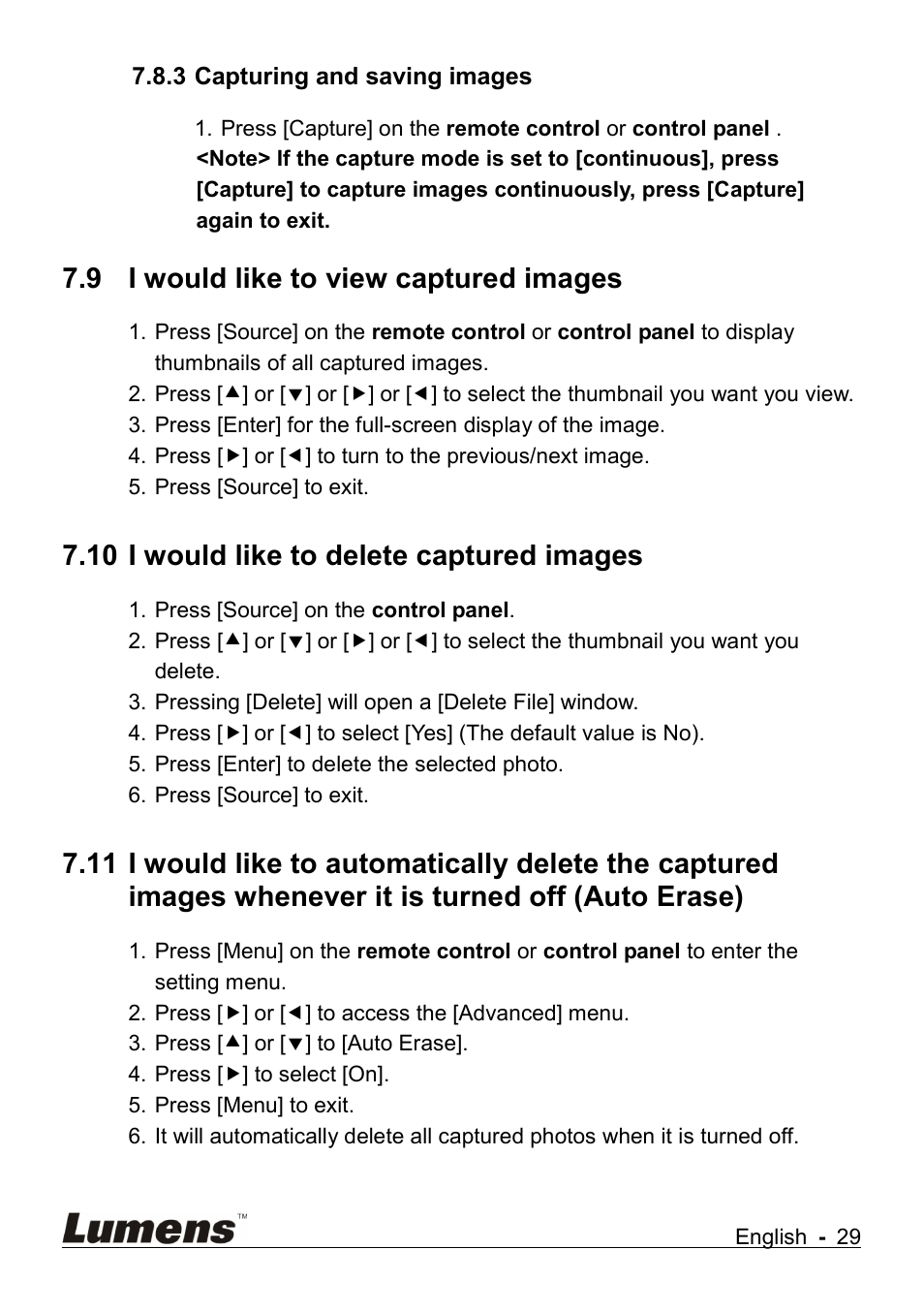 Capturing and saving images, I would like to view captured images, I would like to delete captured images | It is turned off (auto erase), 9 i would like to view captured images, 10 i would like to delete captured images | Lumens Technology DC265 User Manual | Page 30 / 44