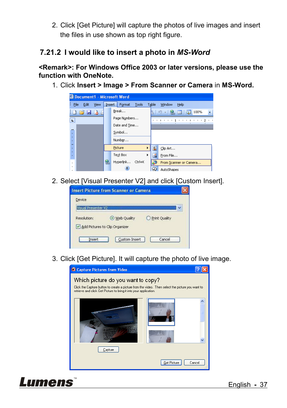 I would like to insert a photo in ms-word | Lumens Technology DC265 User Manual | Page 38 / 44