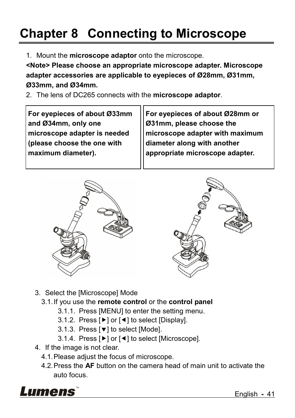 Chapter 8 connecting to microscope | Lumens Technology DC265 User Manual | Page 42 / 44