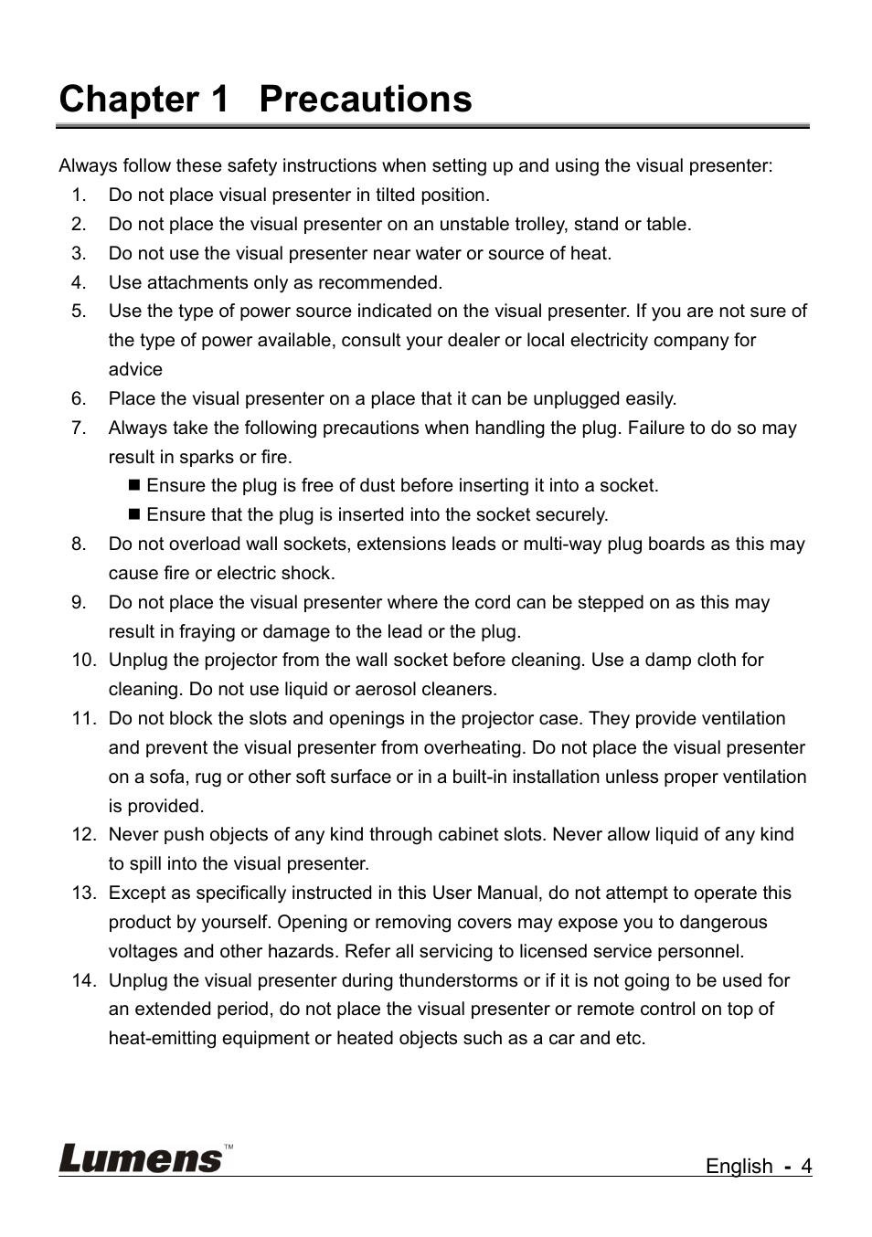 Chapter 1 precautions | Lumens Technology DC265 User Manual | Page 5 / 44
