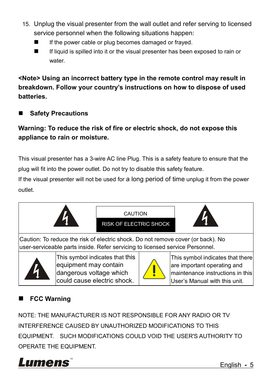 Safety precautions, Fcc warning | Lumens Technology DC265 User Manual | Page 6 / 44