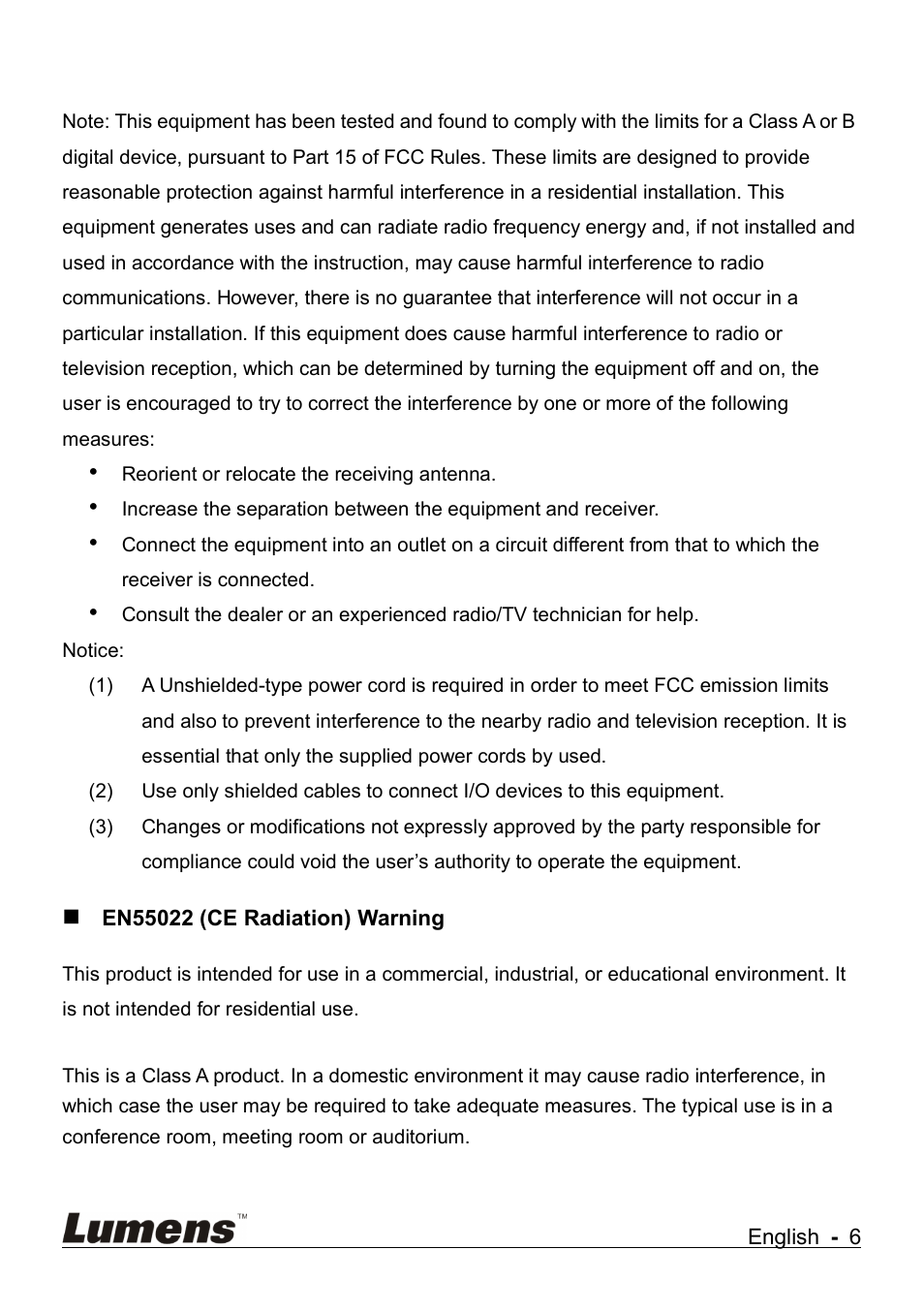 En55022 (ce radiation) warning | Lumens Technology DC265 User Manual | Page 7 / 44