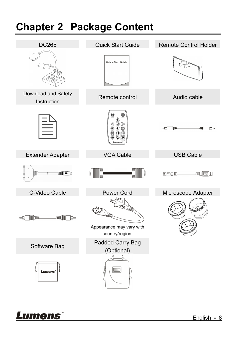 Chapter 2 package content | Lumens Technology DC265 User Manual | Page 9 / 44