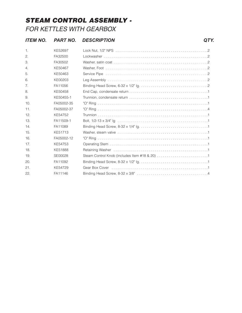 Steam control assembly - for kettles with gearbox, Item no. part no. description qty | Cleveland Range SD-1600-K1220 User Manual | Page 15 / 23