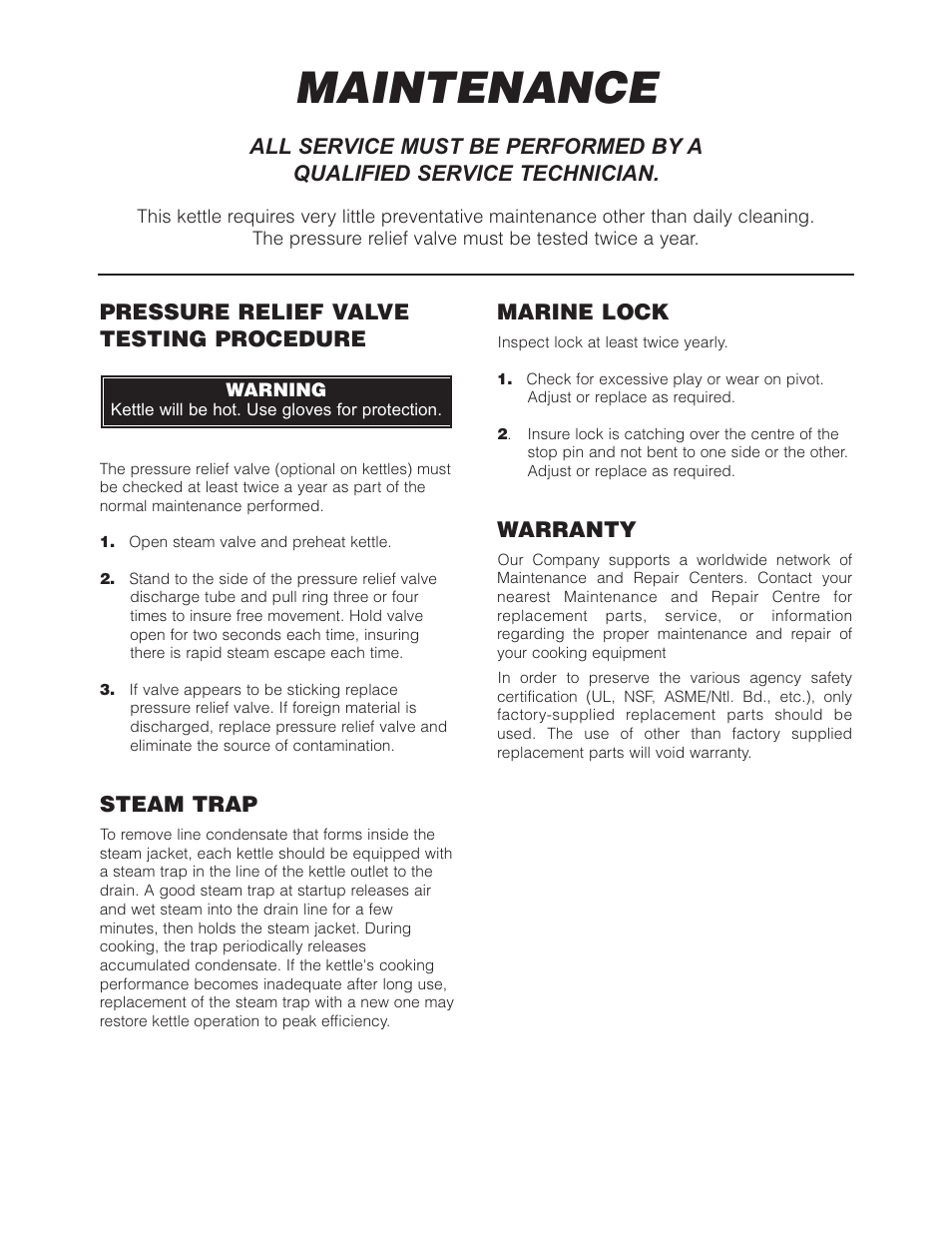 Maintenance, Pressure relief valve testing procedure, Steam trap | Marine lock, Warranty | Cleveland Range SD-1600-K1220 User Manual | Page 18 / 23