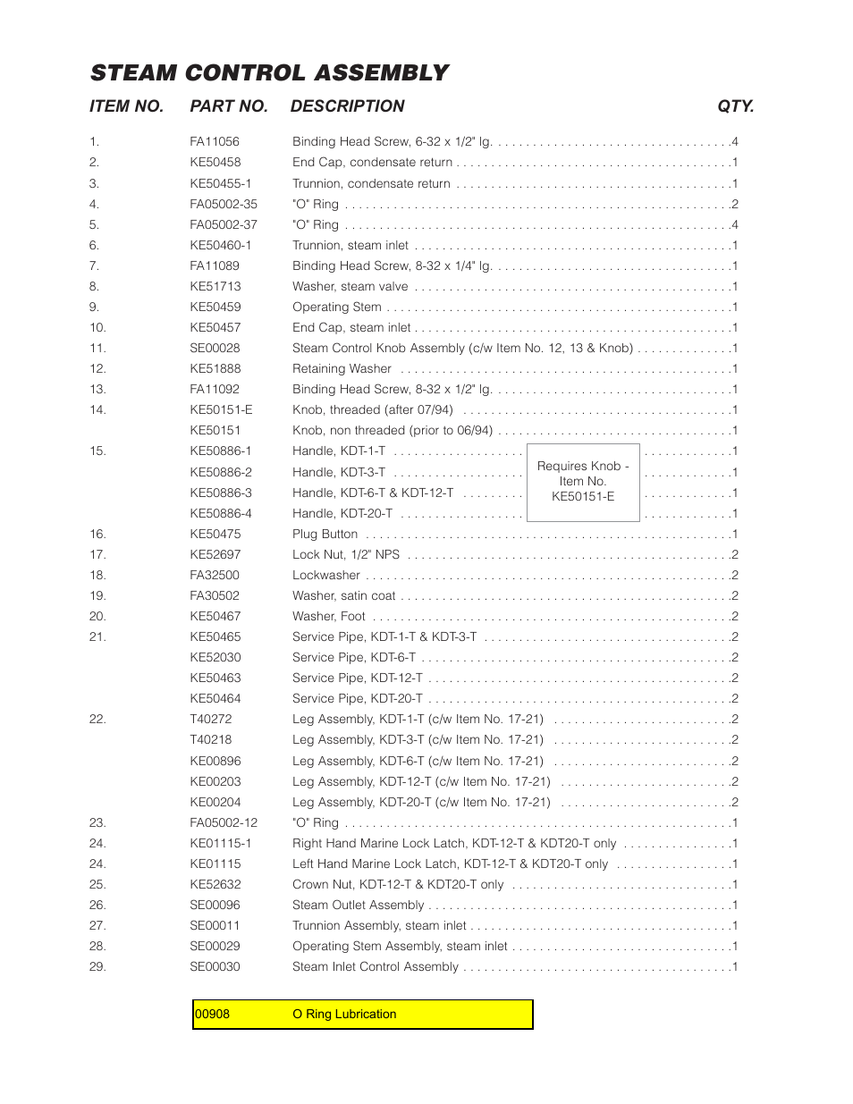 Steam control assembly, Item no. part no. description qty | Cleveland Range SD-1600-K1220 User Manual | Page 9 / 23