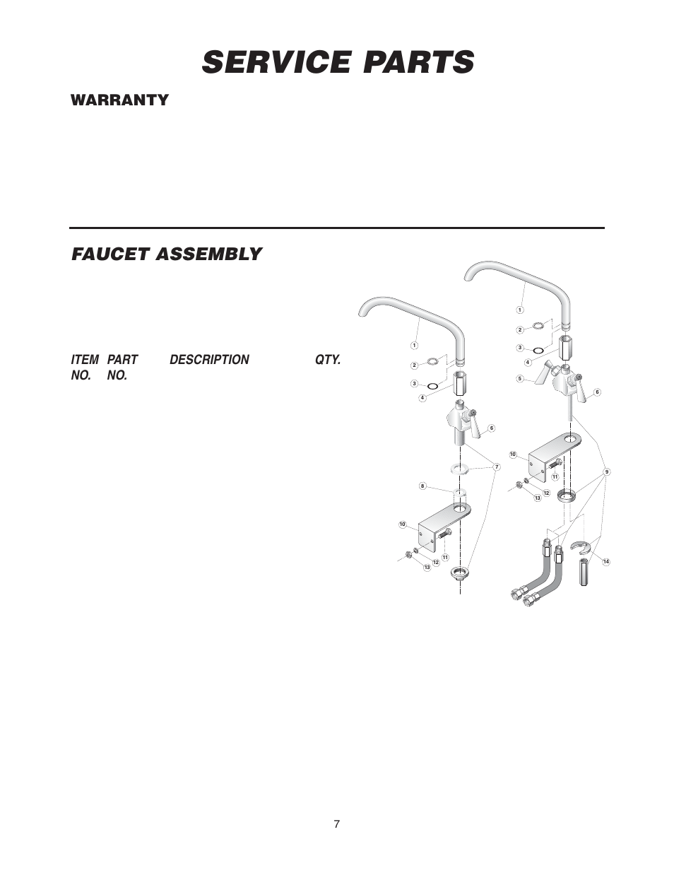 Service parts, Faucet assembly, Warranty | Item part description qty. no. no | Cleveland Range SGL-30-T1 User Manual | Page 10 / 28