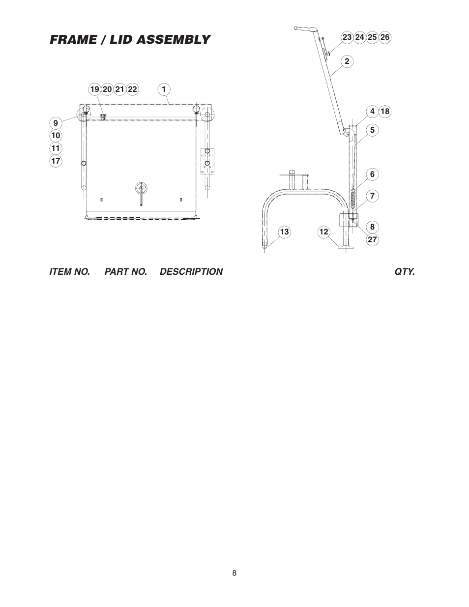 Frame / lid assembly, Item no. part no. description qty | Cleveland Range SGL-30-T1 User Manual | Page 11 / 28