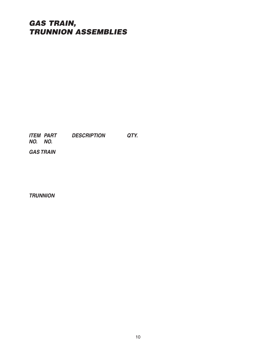 Gas train, trunnion assemblies, Item part description qty. no. no. gas train, Trunnion | Cleveland Range SGL-30-T1 User Manual | Page 13 / 28