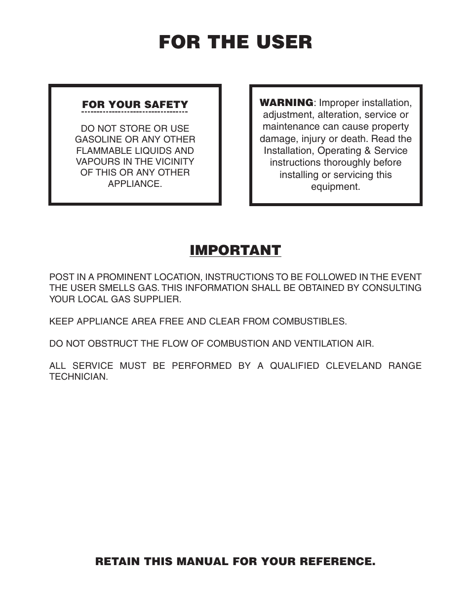 For the user, Important | Cleveland Range SGL-30-T1 User Manual | Page 2 / 28