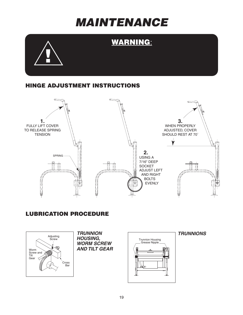 Maintenance, Warning, Lubrication procedure | Hinge adjustment instructions | Cleveland Range SGL-30-T1 User Manual | Page 22 / 28