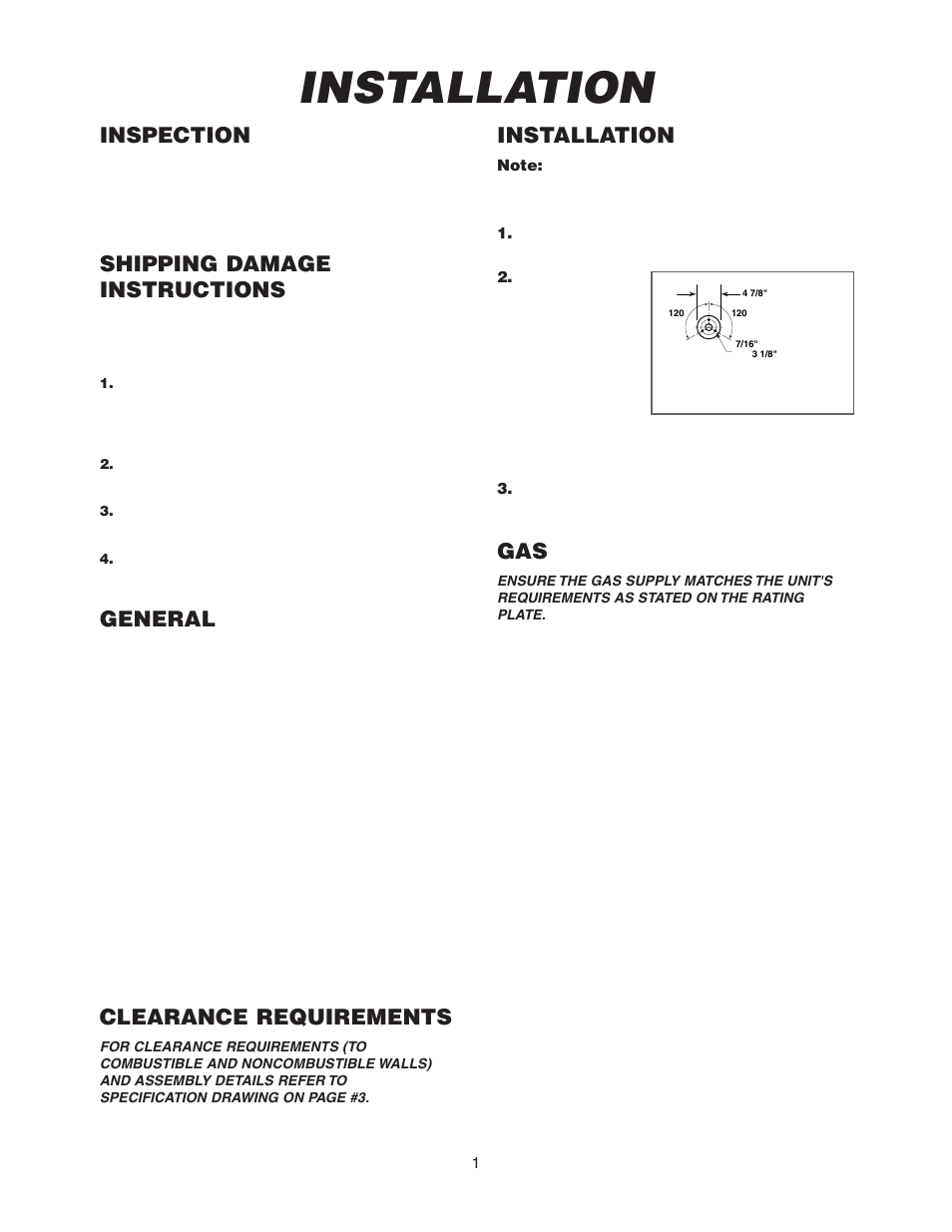 Inspection, Shipping damage instructions, General | Clearance requirements, Installation | Cleveland Range SGL-30-T1 User Manual | Page 4 / 28
