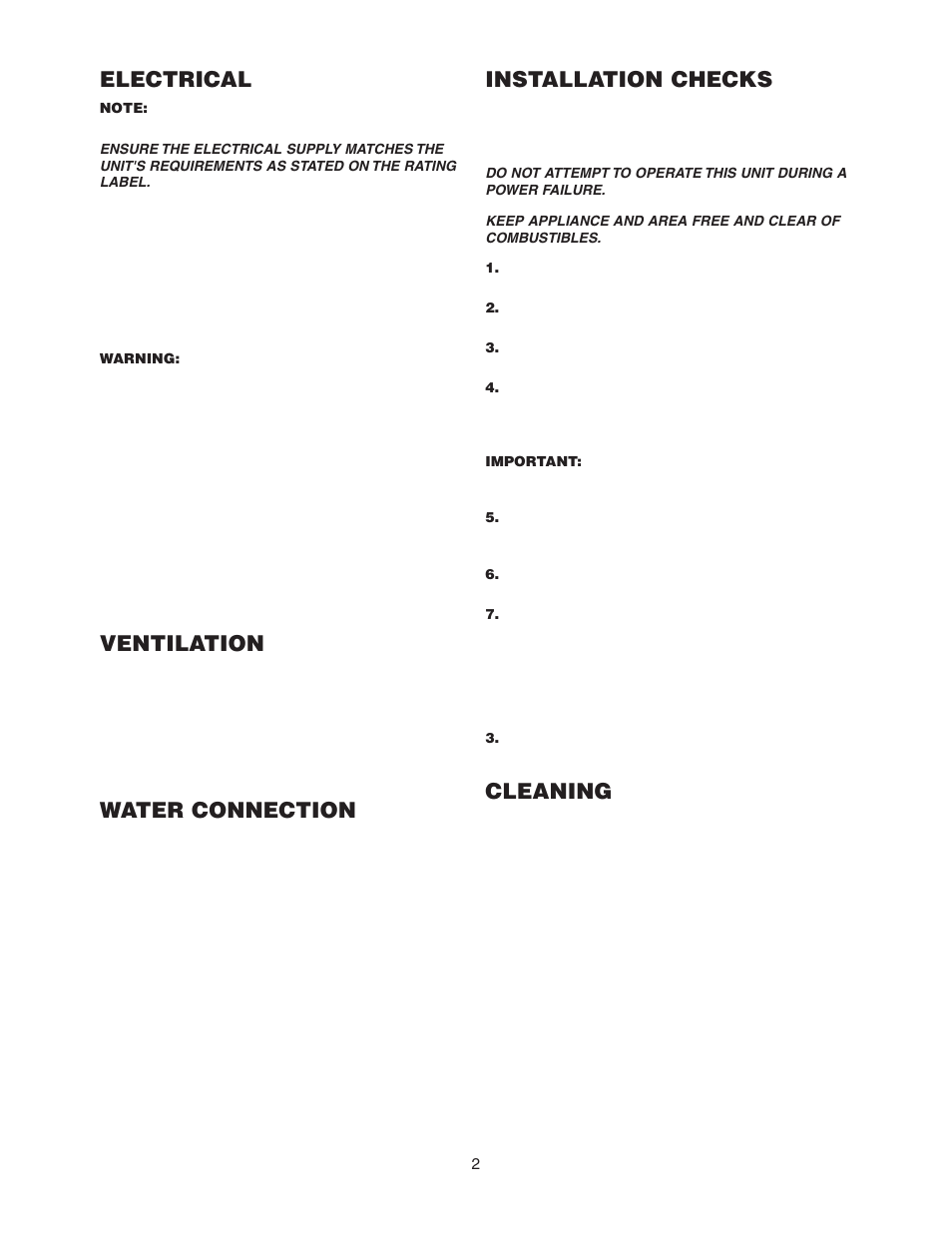 Electrical, Ventilation, Water connection | Installation checks, Cleaning | Cleveland Range SGL-30-T1 User Manual | Page 5 / 28