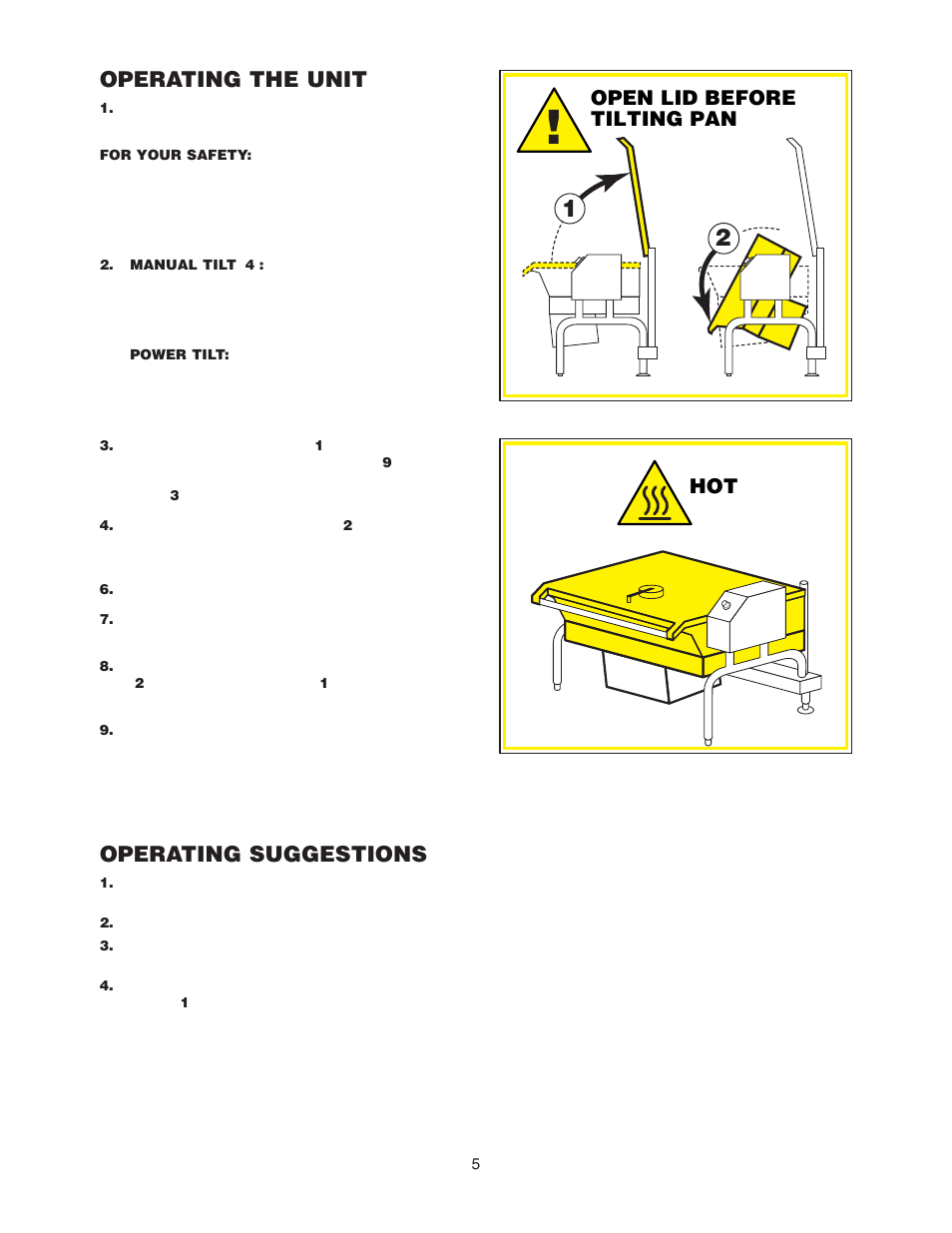 Operating the unit, Operating suggestions, Hot open lid before tilting pan | Cleveland Range SGL-30-T1 User Manual | Page 8 / 28