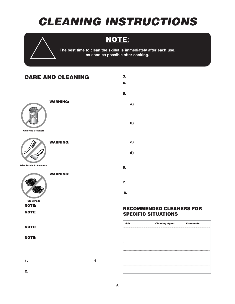 Cleaning instructions, Care and cleaning, Recommended cleaners for specific situations | Cleveland Range SGL-30-T1 User Manual | Page 9 / 28
