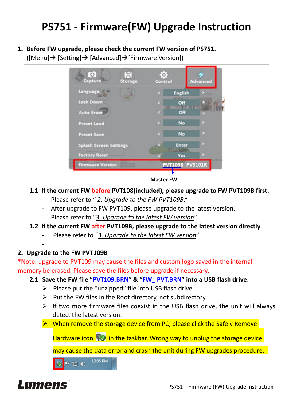 Lumens Technology PS751 Firmware Upgrade Instruction User Manual | 8 pages
