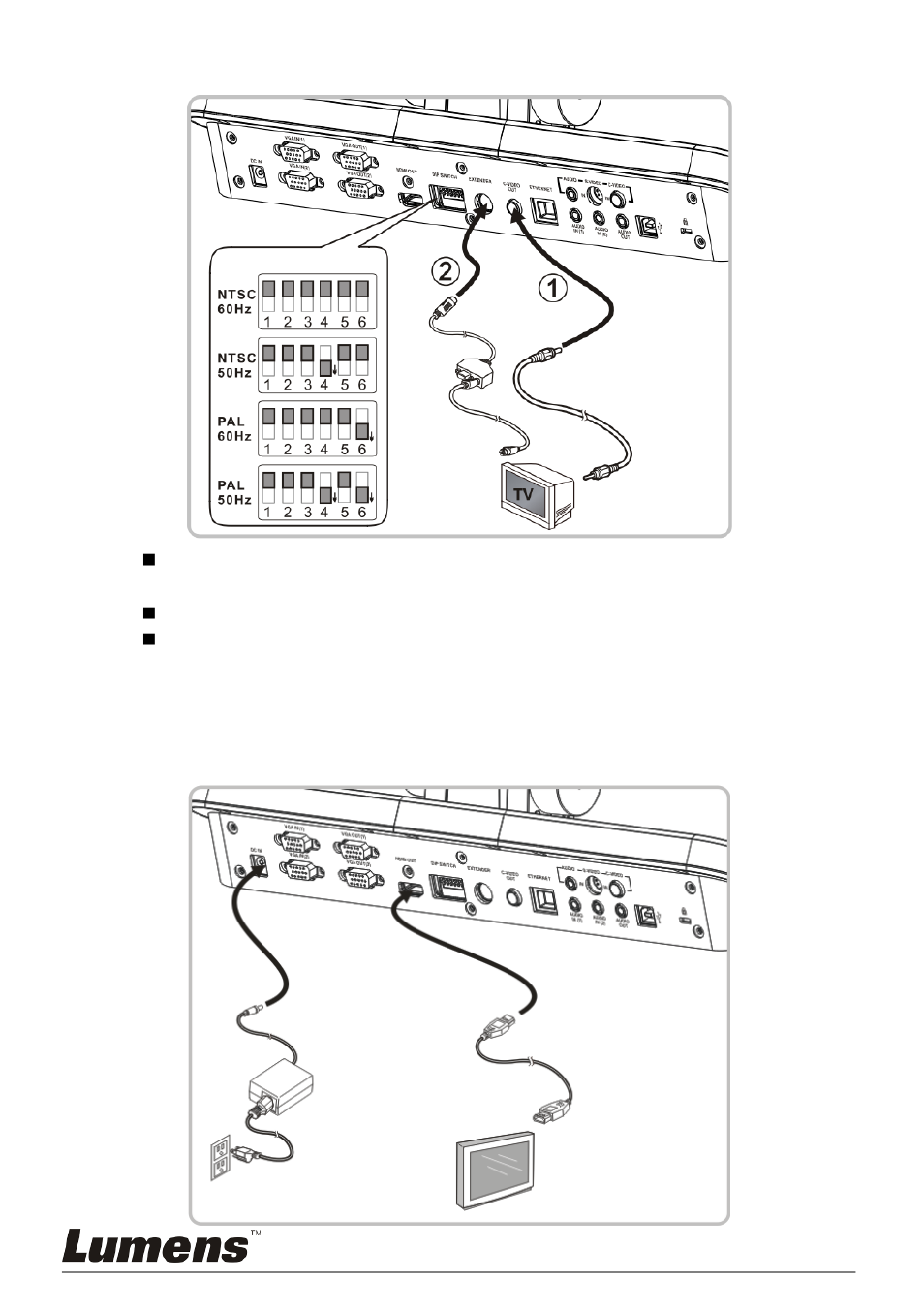 Connecting to a tv (c-video or s-video), Connecting to an hdtv, 6 connecting to a tv (c-video or s-video) | 7 connecting to an hdtv | Lumens Technology PS760 User Manual | Page 13 / 60