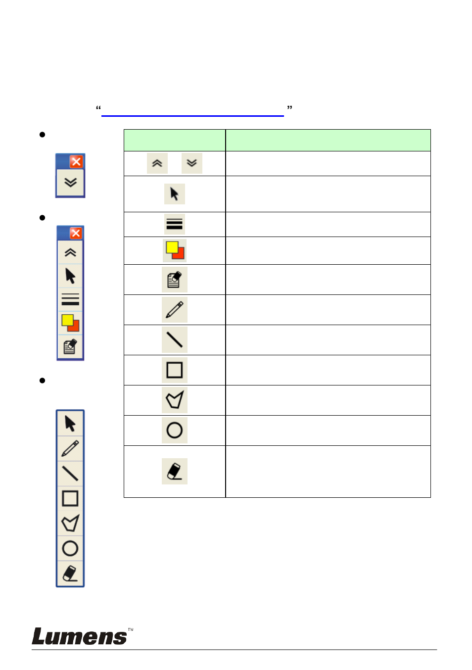 Icon, Description | Lumens Technology PS760 User Manual | Page 26 / 60