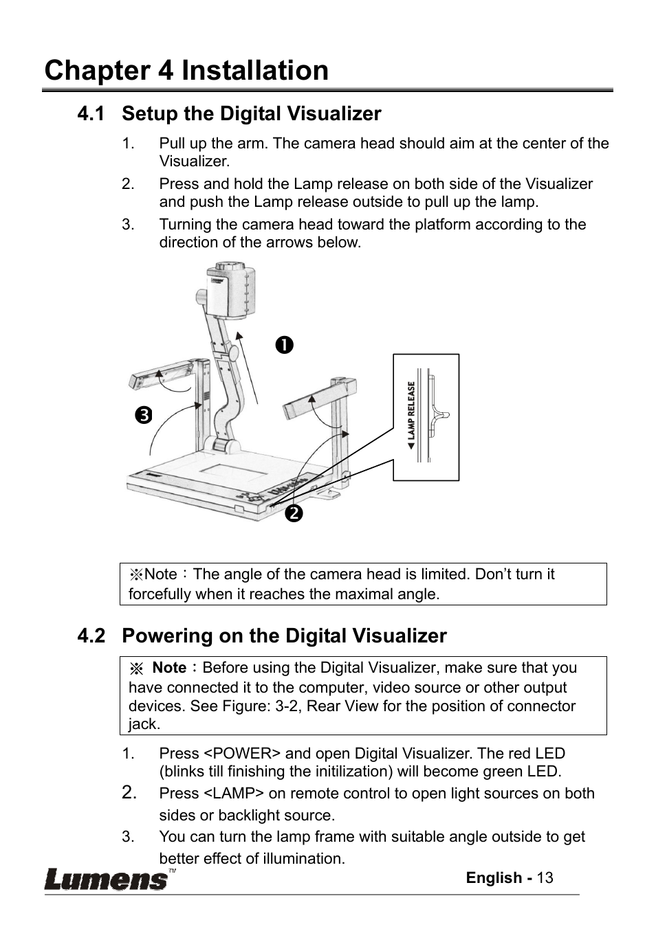 Chapter 4 installation, No p, 1 setup the digital visualizer | 2 powering on the digital visualizer | Lumens Technology PS400 User Manual | Page 14 / 23