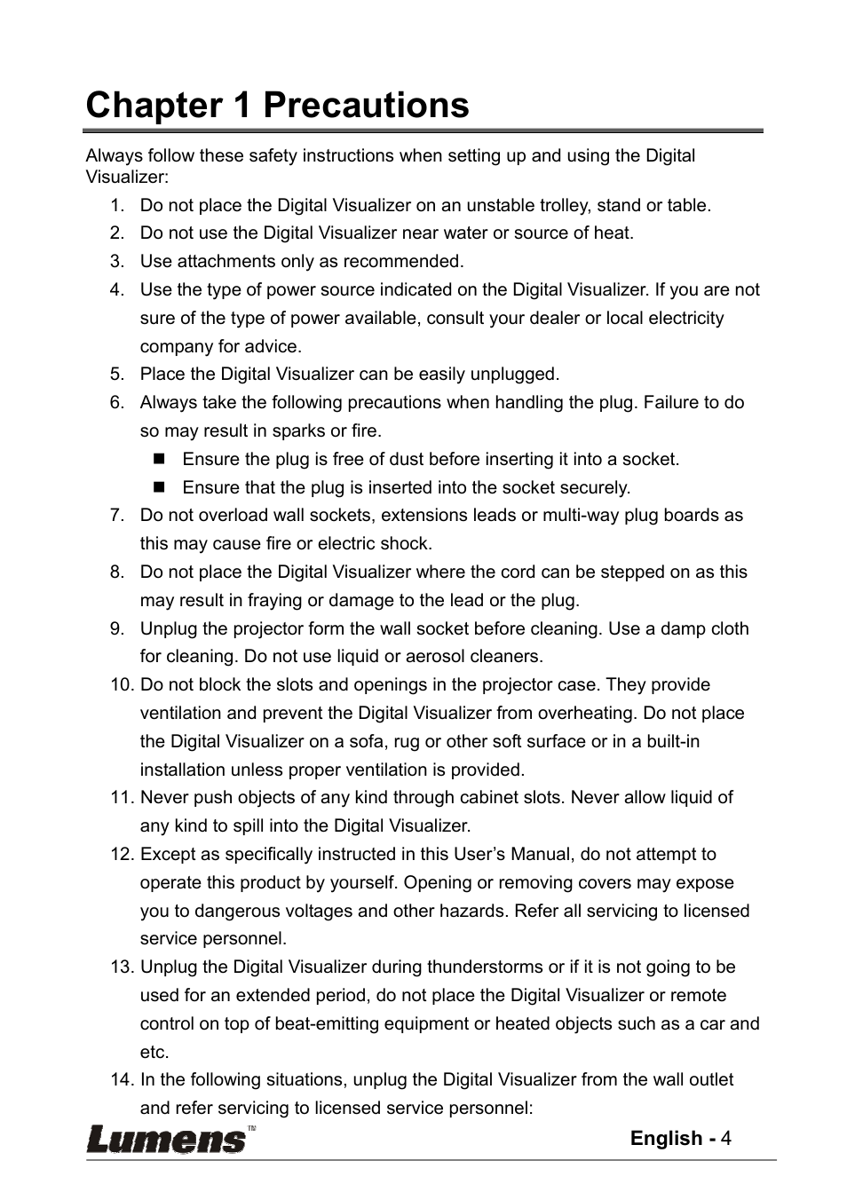 Chapter 1 precautions | Lumens Technology PS400 User Manual | Page 5 / 23