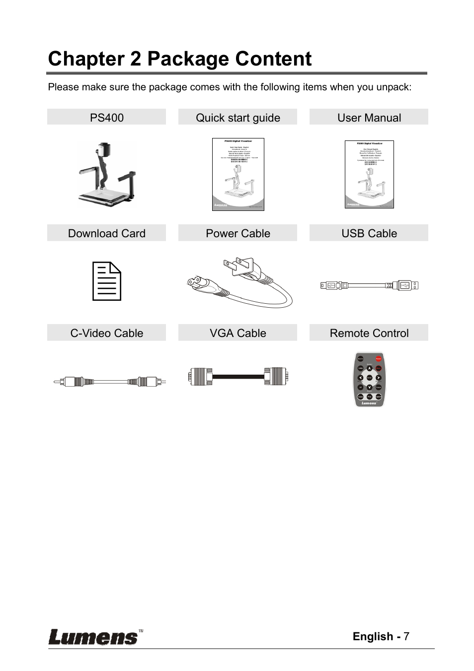 Chapter 2 package content | Lumens Technology PS400 User Manual | Page 8 / 23