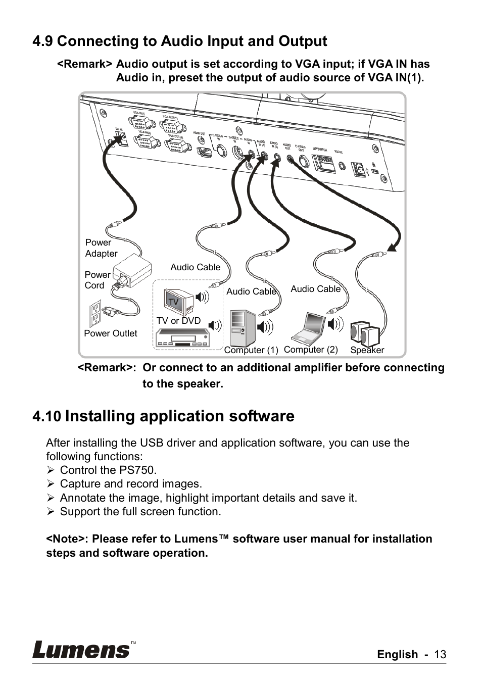 Connecting to audio input and output, Installing application software, 9 connecting to audio input and output | Lumens Technology PS750 User Manual | Page 14 / 44