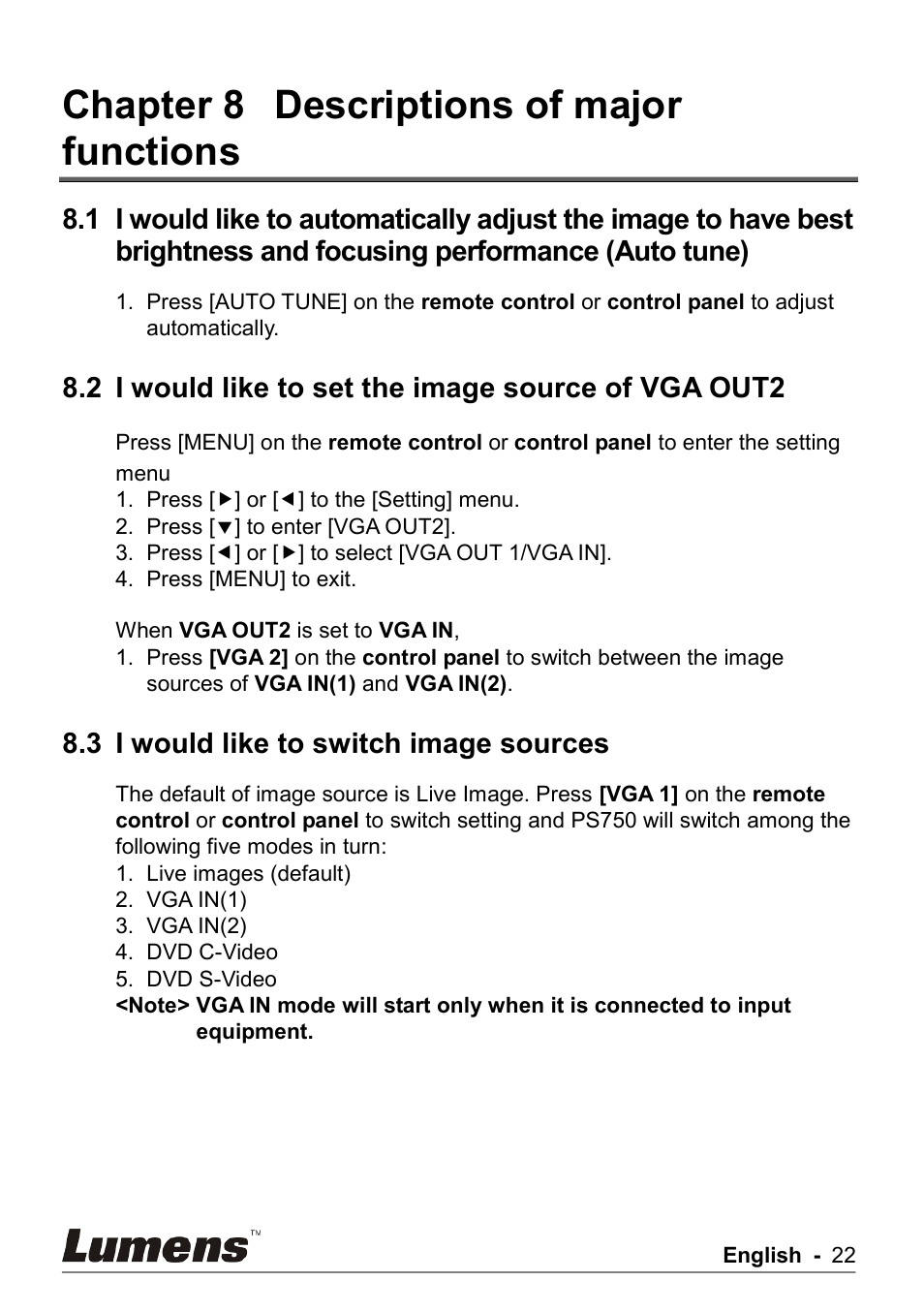 Chapter 8, Descriptions of major functions, Focusing performance (auto tune) | I would like to set the image source of vga out2, I would like to switch image sources, Chapter 8 descriptions of major functions, 2 i would like to set the image source of vga out2, 3 i would like to switch image sources | Lumens Technology PS750 User Manual | Page 23 / 44