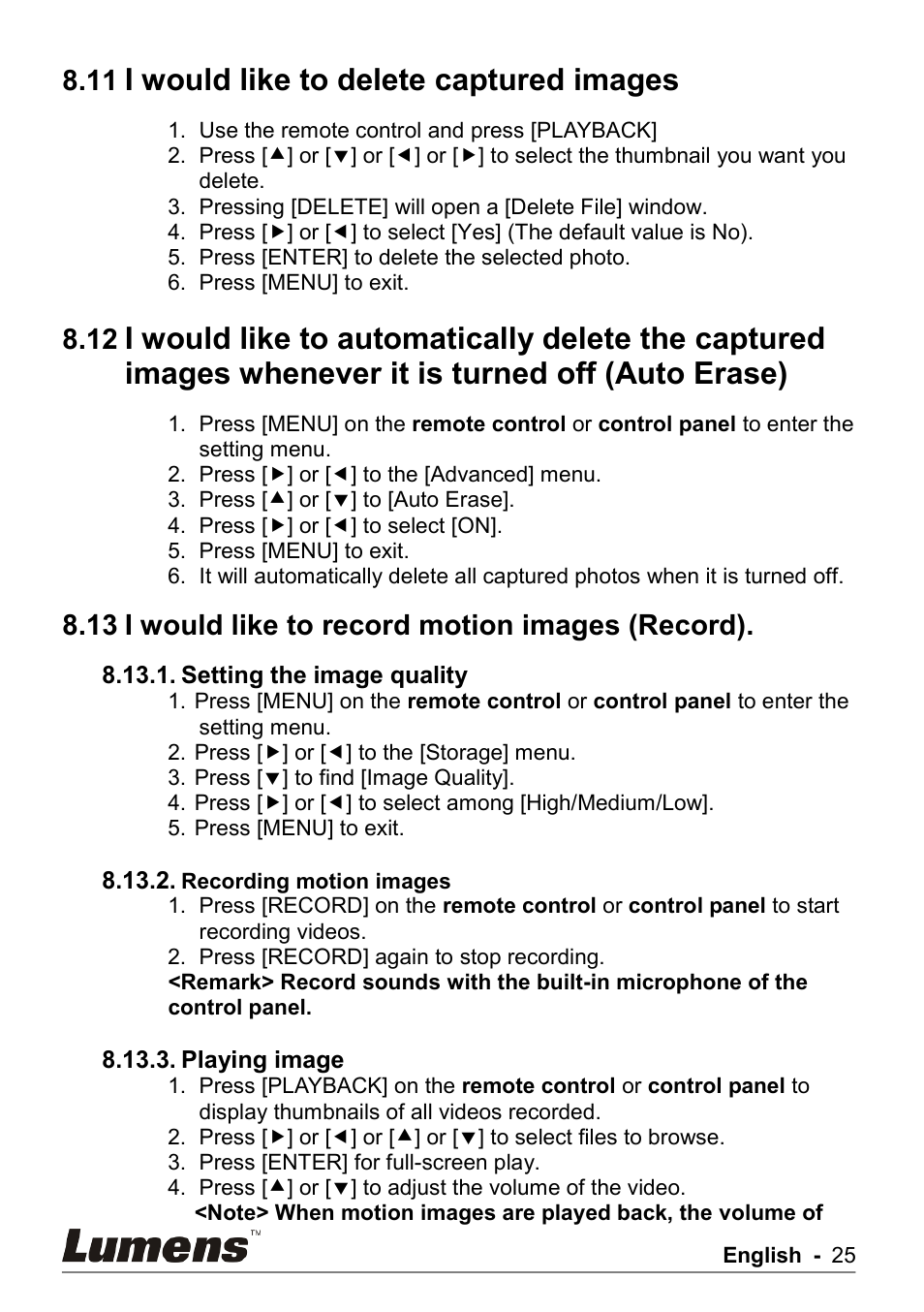 I would like to delete captured images, Is turned off (auto erase), I would like to record motion images (record) | 13 i would like to record motion images (record) | Lumens Technology PS750 User Manual | Page 26 / 44