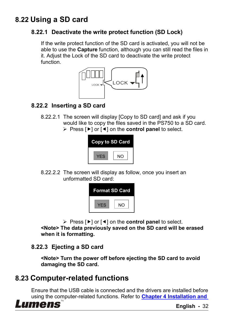 Using a sd card, Computer-related functions | Lumens Technology PS750 User Manual | Page 33 / 44