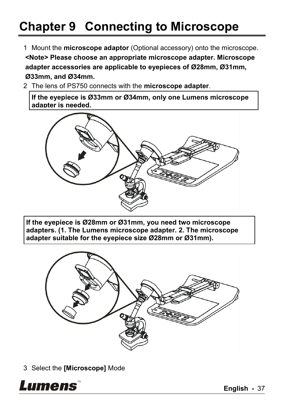 Chapter 9, Connecting to microscope, Chapter 9 connecting to microscope | Lumens Technology PS750 User Manual | Page 38 / 44