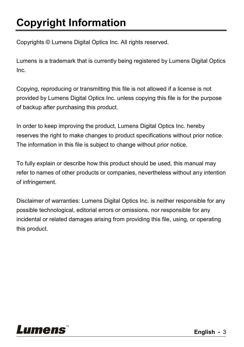 Copyright information | Lumens Technology PS750 User Manual | Page 4 / 44