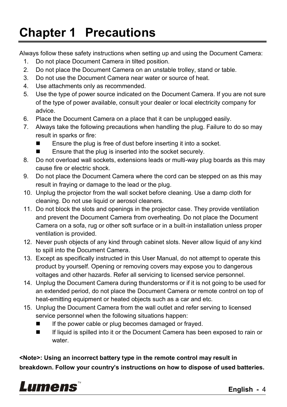 Chapter 1, Precautions, Chapter 1 precautions | Lumens Technology PS750 User Manual | Page 5 / 44