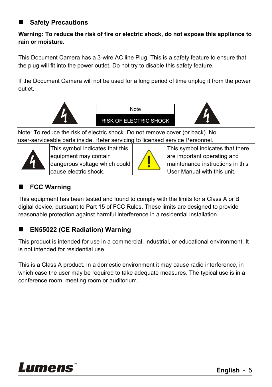 Safety precautions, Fcc warning, En55022 (ce radiation) warning | Lumens Technology PS750 User Manual | Page 6 / 44