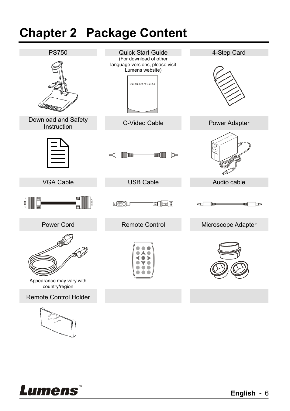 Chapter 2, Package content, Chapter 2 package content | Lumens Technology PS750 User Manual | Page 7 / 44