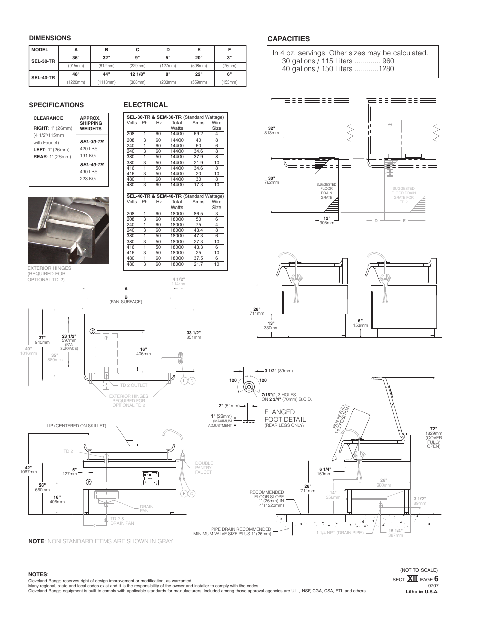 Electrical, Flanged foot detail, Specifications | Dimensions | Cleveland Range SEL-40-TR User Manual | Page 2 / 2