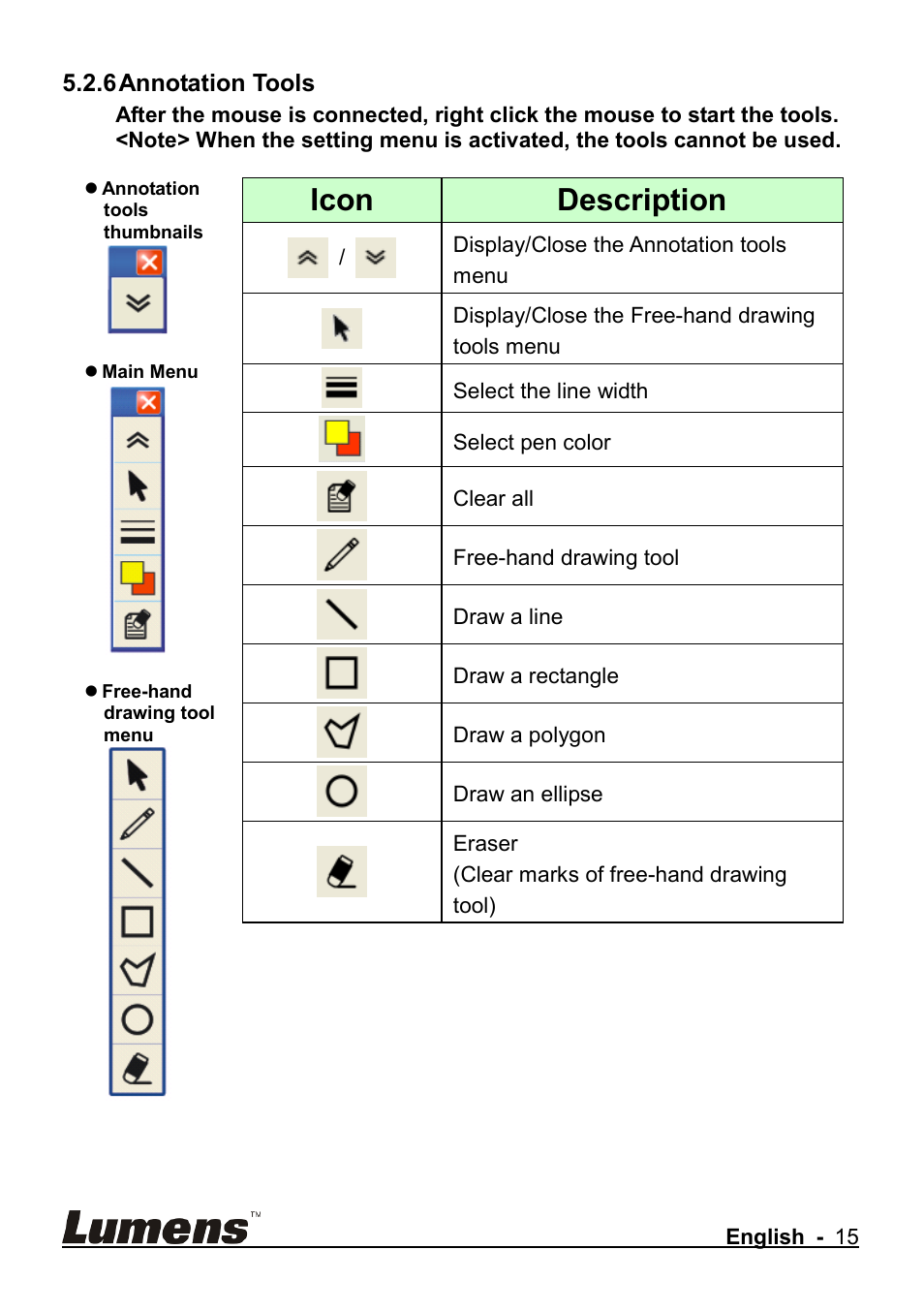 Icon description | Lumens Technology CL510 User Manual | Page 16 / 42