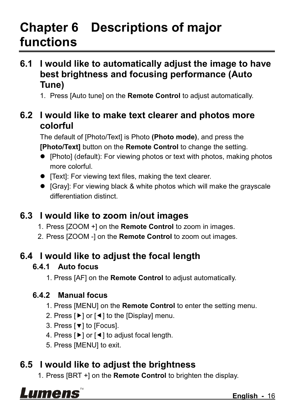 Chapter 6 descriptions of major functions, And focusing performance (auto tune), I would like to zoom in/out images | I would like to adjust the focal length, I would like to adjust the brightness, 3 i would like to zoom in/out images, 4 i would like to adjust the focal length, 5 i would like to adjust the brightness | Lumens Technology CL510 User Manual | Page 17 / 42