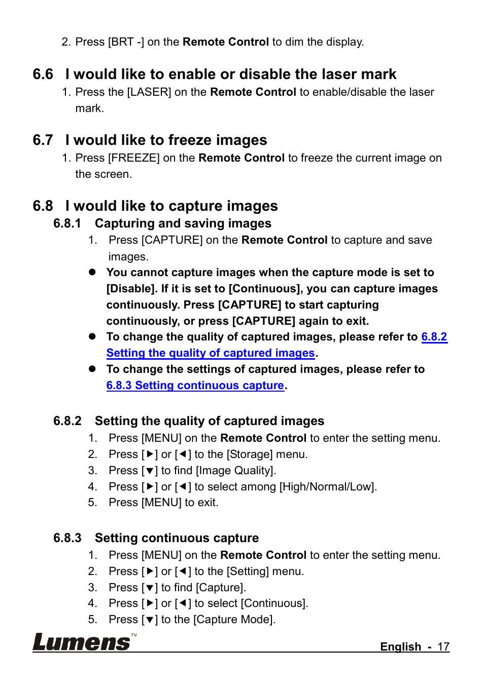 I would like to enable or disable the laser mark, I would like to freeze images, I would like to capture images | 6 i would like to enable or disable the laser mark, 7 i would like to freeze images, 8 i would like to capture images | Lumens Technology CL510 User Manual | Page 18 / 42