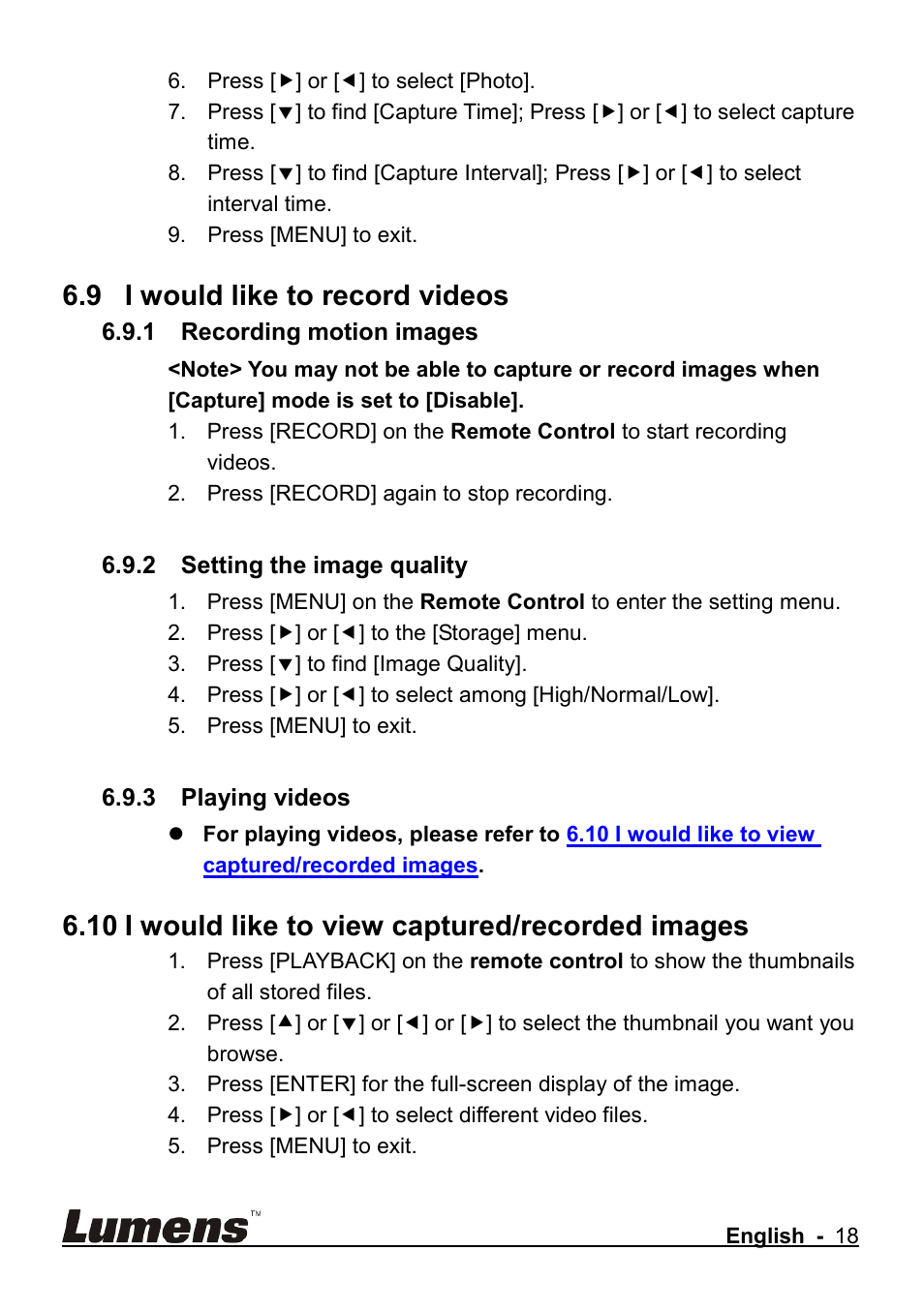 I would like to record videos, I would like to view captured/recorded images, 9 i would like to record videos | 10 i would like to view captured/recorded images | Lumens Technology CL510 User Manual | Page 19 / 42