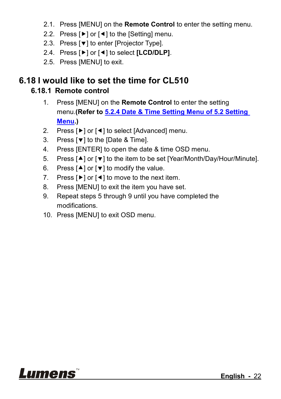 I would like to set the time for cl510 | Lumens Technology CL510 User Manual | Page 23 / 42