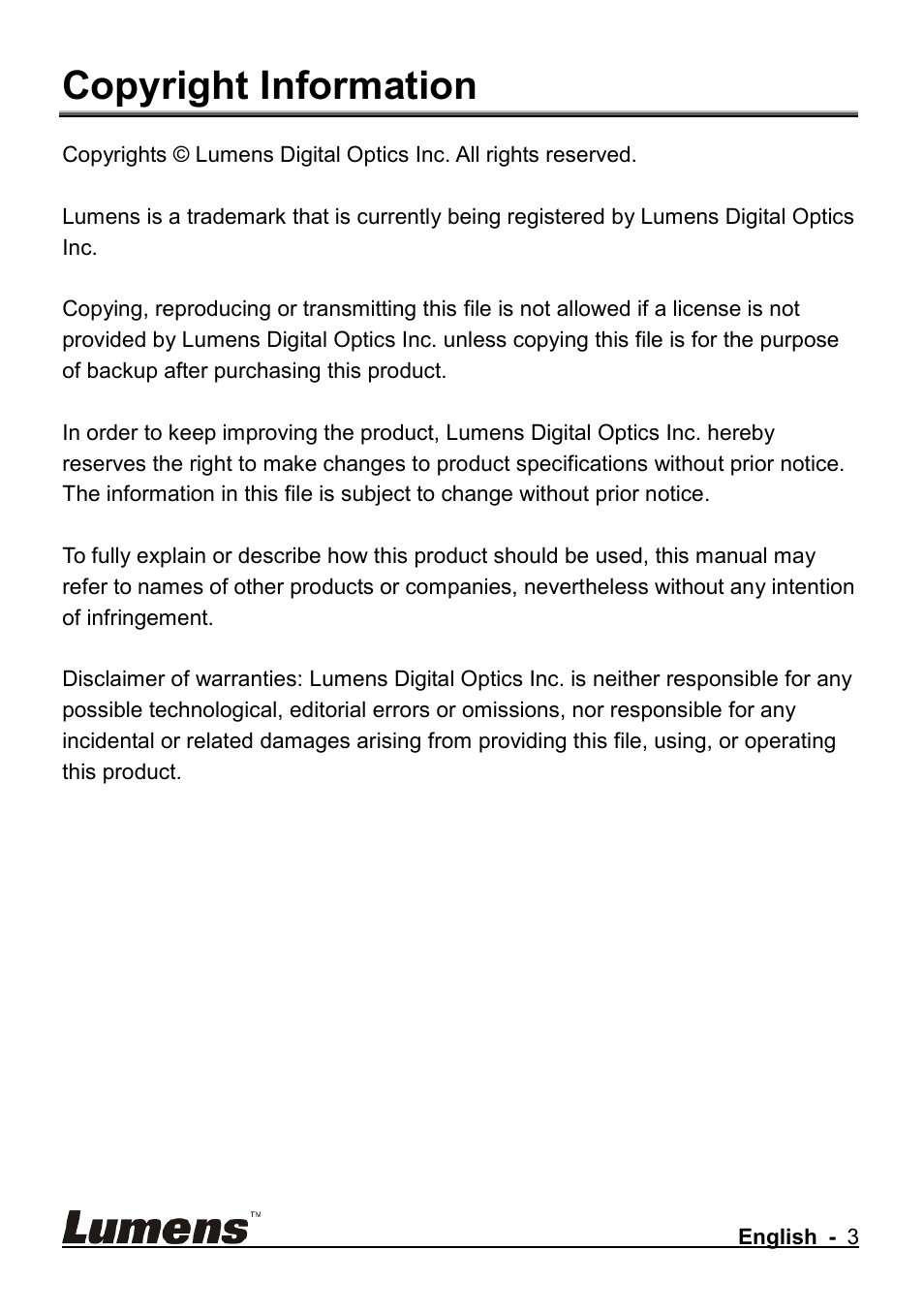 Copyright information | Lumens Technology CL510 User Manual | Page 4 / 42