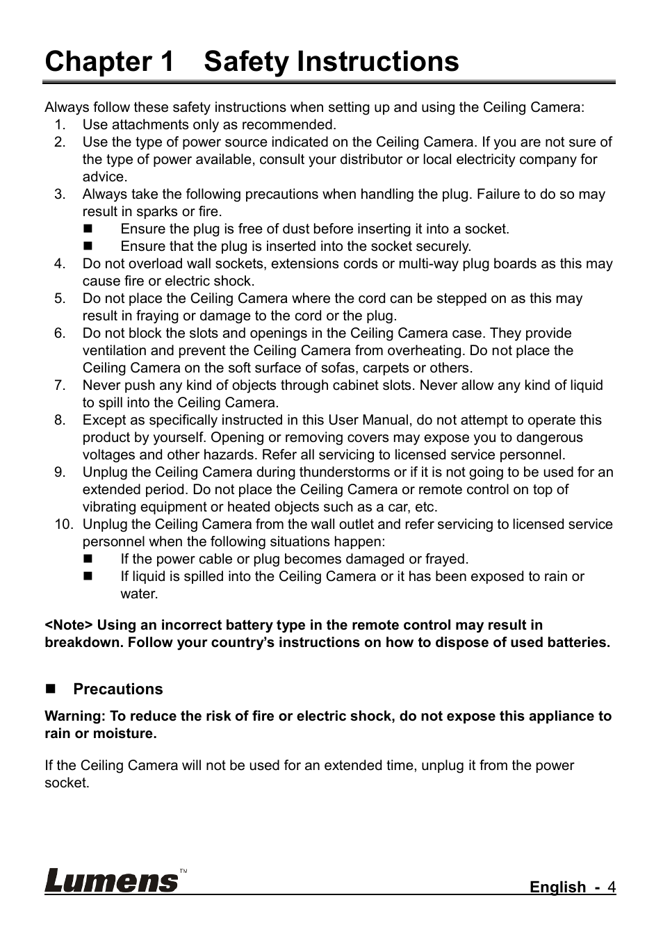 Chapter 1 safety instructions, Precautions | Lumens Technology CL510 User Manual | Page 5 / 42